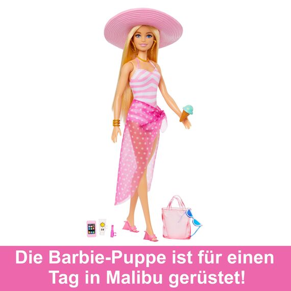 Barbie - Blonde Puppe mit pink-weißem Badeanzug, Sonnenhut, Tragetasche und Strand-Accessoires, für Kinder ab 3 Jahren, HPL73