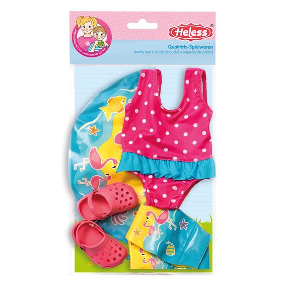 Heless 88 - Schwimm-Set für Puppen, Badeanzug, Clogs, Schwimmring und -flügel mit lustigen Bade- und Wassermotiven, Puppengröße ca. 35 - 45 cm, für Badespaß an heißen Sommertagen