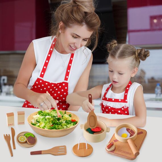 Smartwo Topfset und Geschirr für Spielküche, Kinderküche Zubehör aus Holz, Küchenutensilien Pfanne Holzspielzeug-Set, Kochset für Rollenspiele, Weihnachten Geschenk für Jungen Mädchen ab 3 Jahre