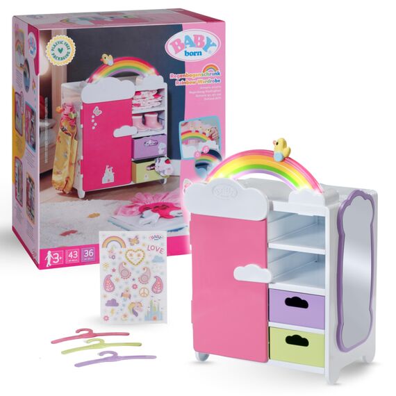 BABY born Regenbogenschrank - Aufbewahrung für Puppenkleidung - Mit leuchtendem Regenbogen & fröhlichen Sounds - Hochwertiges Puppen Zubehör inkl. Schuhbladen, Kleiderbügel & Stickern