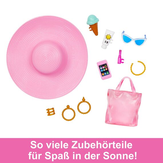 Barbie - Blonde Puppe mit pink-weißem Badeanzug, Sonnenhut, Tragetasche und Strand-Accessoires, für Kinder ab 3 Jahren, HPL73