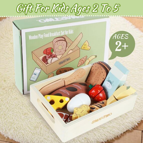 Smartwo Kinderküche Zubehör Holz Lebensmittel zum Schneiden, Spielküche Zubehör Frühstück Set, Küchenzubehör für Rollenspiele, Holzspielzeug Küche 12PCS, Geschenk für Mädchen Jungen ab 3 Jahre