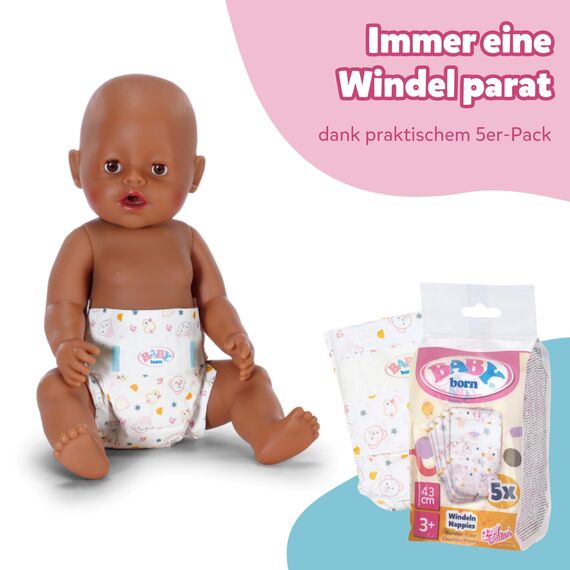 BABY born 5 Puppenwindeln - Mit süßem Print & Klebestreifen - Hochwertiges Puppenzubehör - Zubehör geeignet für Puppen der Größe 43 cm