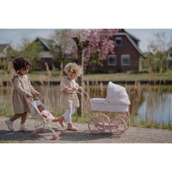 Little Dutch Puppenbuggy Puppenwagen klappbar aus Metall mit Soft-Griffen und Tasche - für Puppen von 33-46 cm, Soft Flowers rosa/weiß