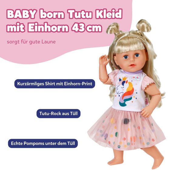 BABY born Tutu Kleid mit Einhorn Print - Set aus Kurzarm-Shirt & Tüllrock mit bunten Punkten - Hochwertiges Puppenzubehör - Kleidung geeignet für Puppen der Größe 43 cm
