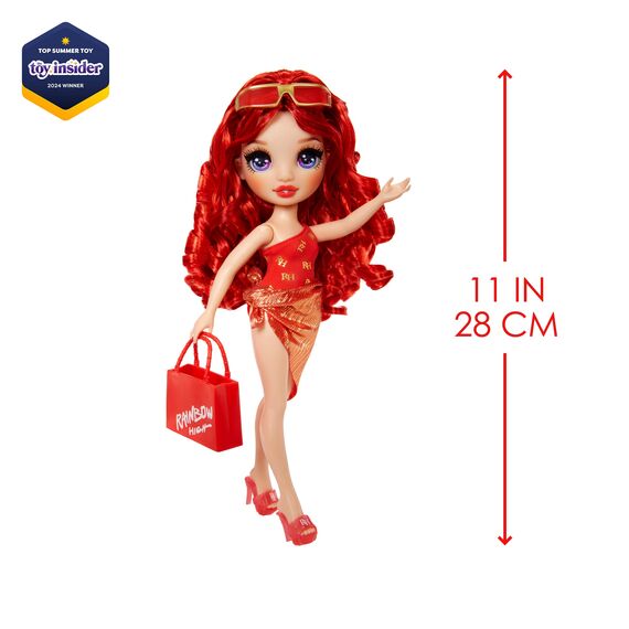 Rainbow High Swim & Style - Ruby (Rot) - 28 cm Große Puppe mit Schimmerndem Pareo, auf 10+ Arten zu tragen - Ausziehbarer Badeanzug, Sandalen, Spielzubehör - Spielzeug - Ideal für 4 bis 12 Jahre