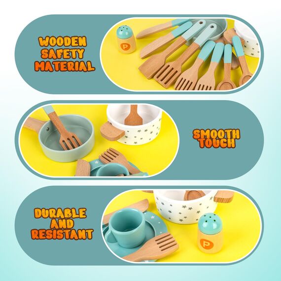Kinderküche Zubehör, Spielküche Zubehör Holz, Kinder Kochgeschirr, Küchenzubehör Topfset, Kochsimulation Rollenspiel Lernspielzeug für Jungen und Mädchen 3 4 5 6 7 8 Jahre