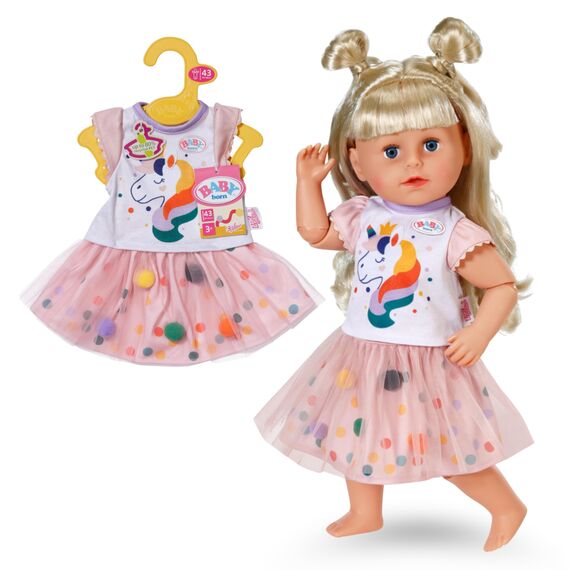 BABY born Tutu Kleid mit Einhorn Print - Set aus Kurzarm-Shirt & Tüllrock mit bunten Punkten - Hochwertiges Puppenzubehör - Kleidung geeignet für Puppen der Größe 43 cm