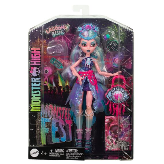 Monster High Lagoona Blue Puppe mit glamourösem Festival-Outfit und Festival-Zubehör wie Snacks, Bandposter, Statement-Tasche und mehr, HXH82