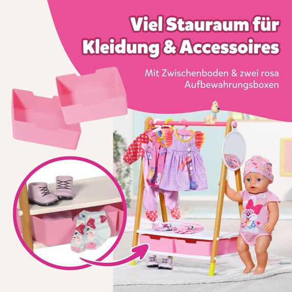 BABY Born Kleiderstange - Kleiderständer für Puppen in Holzoptik inkl. Spiegel, Schubladen & Kleiderbügel - Hochwertiges Puppenzubehör - Geeignet für Kinder ab 3 Jahren
