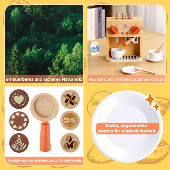 GAGAKU Kaffeemaschine Kinder aus Holz - Kaffeemaschine Spielzeug in Leuchtend Orange - Mit Zubehör für Kinderküche - Lernspielzeug für Rollenspiele & Feinmotorik