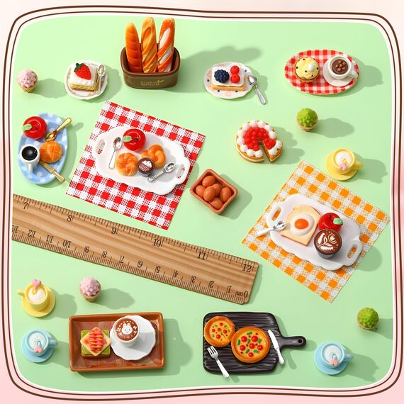 Kaisibum 62 Stücke Miniatur Essen und Trinken, Miniatur Deco Harz Lebensmittel Puppenhaus Zubehör Set, Mini Küche Kleine Puppenzubehör Spielgeschirr