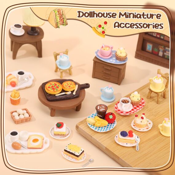 Kaisibum 50 Stücke Miniatur Essen und Trinken, Miniatur Deko Harz Puppenhaus Zubehör Miniatur Lebensmittel Set, Mini Küche Kleine Puppenzubehör Spielgeschirr