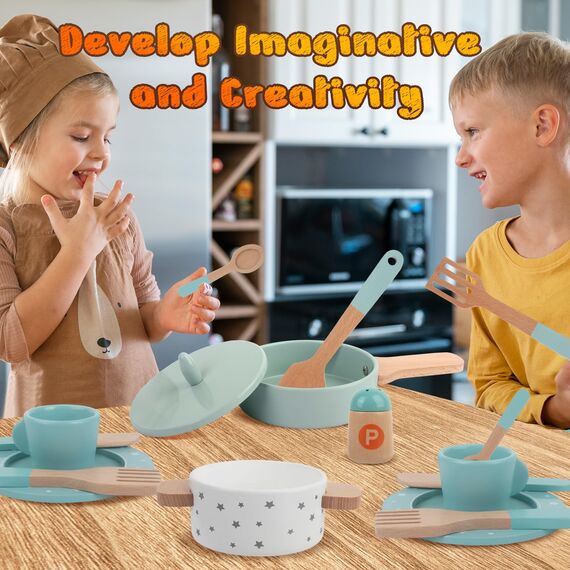 Kinderküche Zubehör, Spielküche Zubehör Holz, Kinder Kochgeschirr, Küchenzubehör Topfset, Kochsimulation Rollenspiel Lernspielzeug für Jungen und Mädchen 3 4 5 6 7 8 Jahre