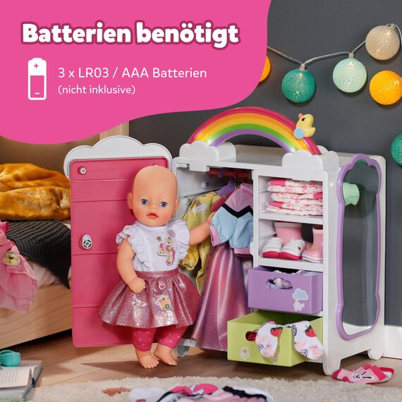 BABY born Regenbogenschrank - Aufbewahrung für Puppenkleidung - Mit leuchtendem Regenbogen & fröhlichen Sounds - Hochwertiges Puppen Zubehör inkl. Schuhbladen, Kleiderbügel & Stickern