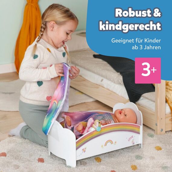 BABY born Regenbogenbett - Puppenbett mit Regenbogenlicht & beruhigender Einschlafmelodie - Hochwertiges Puppen Zubehör inkl. Wendebettwäsche & Stickern - Geeignet für Kinder ab 3 Jahren