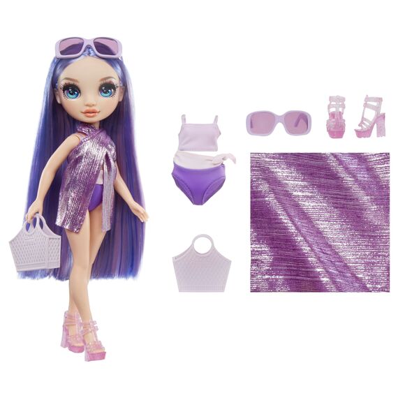 Rainbow High Swim & Style - Violet (Lila) - 28 cm Große Puppe mit Schimmerndem Pareo, auf 10+ Arten zu tragen - Ausziehbarer Badeanzug, Sandalen, Spielzubehör - Spielzeug - Ideal für 4 bis 12 Jahre