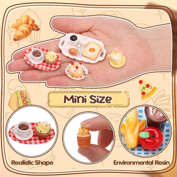 Kaisibum 50 Stücke Miniatur Essen und Trinken, Miniatur Deko Harz Puppenhaus Zubehör Miniatur Lebensmittel Set, Mini Küche Kleine Puppenzubehör Spielgeschirr