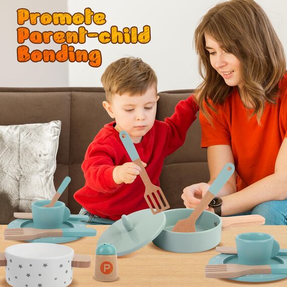 Kinderküche Zubehör, Spielküche Zubehör Holz, Kinder Kochgeschirr, Küchenzubehör Topfset, Kochsimulation Rollenspiel Lernspielzeug für Jungen und Mädchen 3 4 5 6 7 8 Jahre