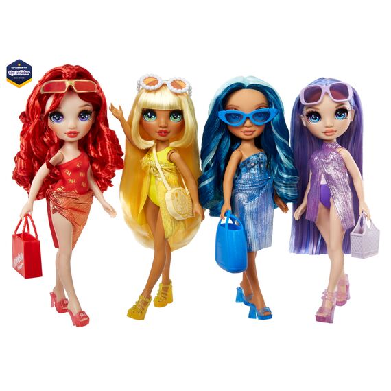 Rainbow High Swim & Style - Skyler (Blau) - 28 cm Große Puppe mit Schimmerndem Pareo, auf 10+ Arten zu tragen - Ausziehbarer Badeanzug, Sandalen, Spielzubehör - Spielzeug - Ideal für 4 bis 12 Jahre