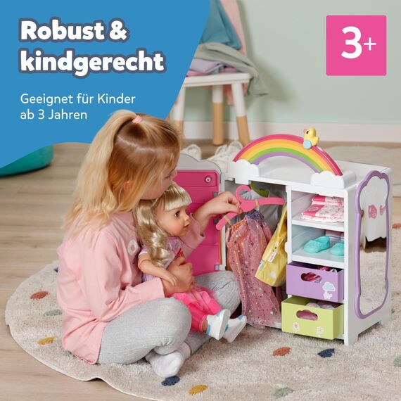 BABY born Regenbogenschrank - Aufbewahrung für Puppenkleidung - Mit leuchtendem Regenbogen & fröhlichen Sounds - Hochwertiges Puppen Zubehör inkl. Schuhbladen, Kleiderbügel & Stickern