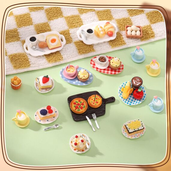 Kaisibum 50 Stücke Miniatur Essen und Trinken, Miniatur Deko Harz Puppenhaus Zubehör Miniatur Lebensmittel Set, Mini Küche Kleine Puppenzubehör Spielgeschirr