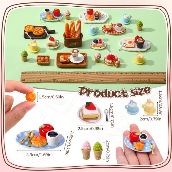 Kaisibum 62 Stücke Miniatur Essen und Trinken, Miniatur Deco Harz Lebensmittel Puppenhaus Zubehör Set, Mini Küche Kleine Puppenzubehör Spielgeschirr