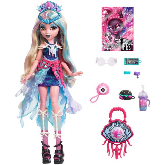 Monster High Lagoona Blue Puppe mit glamourösem Festival-Outfit und Festival-Zubehör wie Snacks, Bandposter, Statement-Tasche und mehr, HXH82