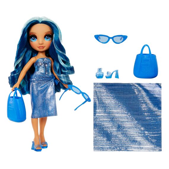 Rainbow High Swim & Style - Skyler (Blau) - 28 cm Große Puppe mit Schimmerndem Pareo, auf 10+ Arten zu tragen - Ausziehbarer Badeanzug, Sandalen, Spielzubehör - Spielzeug - Ideal für 4 bis 12 Jahre