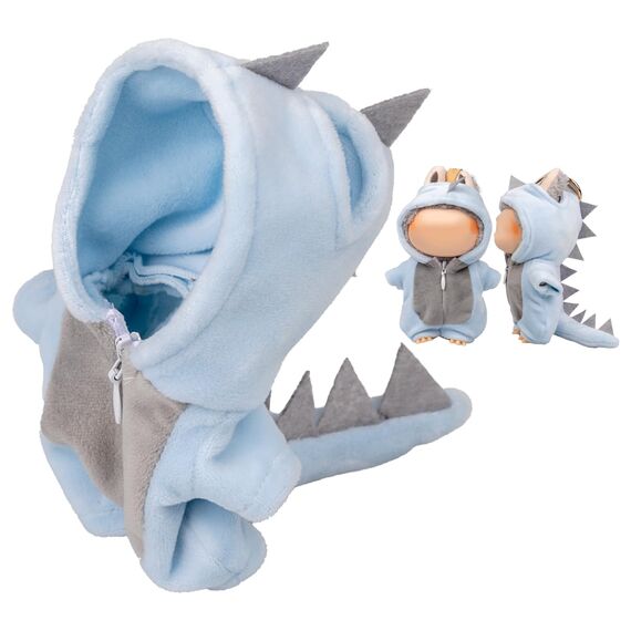 Verdelume Grau Dinosaurier-Overall Kleidung für Labubu, EIN-teilige 17cm Puppenbekleidung mit Kapuze, Geschenkidee für Jungen und Mädchen, 1 Stück (Ohne Labubu-Puppe)