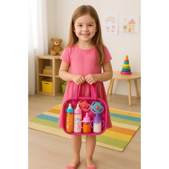 fash n kolor®️ Puppenzubehör Baby Puppen Zubehör für puppenwagen, 6 Set in Wickeltasche, Magische Flasche Puppenzubehör Furniture, Babypuppen, Spielzeug, Puppenpflegeset mit 2 Flaschen und 2 Pacifier
