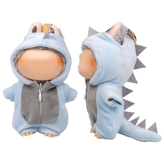 Verdelume Grau Dinosaurier-Overall Kleidung für Labubu, EIN-teilige 17cm Puppenbekleidung mit Kapuze, Geschenkidee für Jungen und Mädchen, 1 Stück (Ohne Labubu-Puppe)