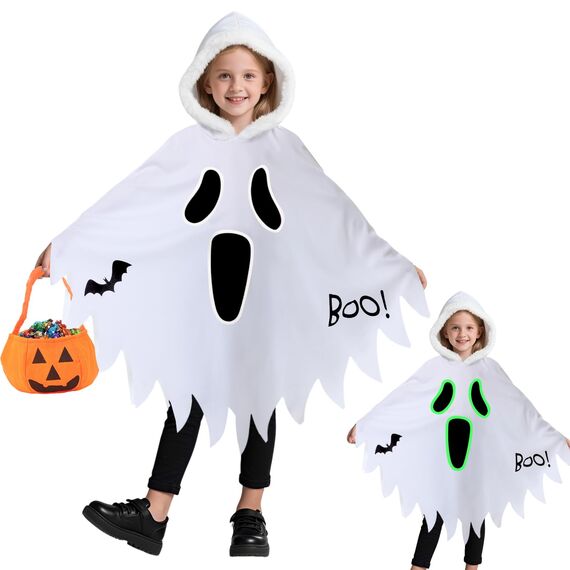 Gespenst Kostüm Kinder mit Leuchtendem,3-12 Jahre Halloween Kostüm Kinder Geist Umhang Weiß mit Kapuze & Kürbis Bag,Geistergesicht Boo Geister Kostüme Mädchen Jungen für Halloween Karneval Cosplay(S)