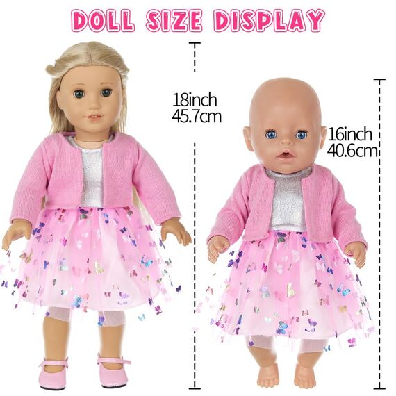 Xerteam Rosa Puppenkleider, Puppenkleidung 43cm 36cm 38cm, Puppenkleid mit Tüll und Schmetterling Strickjacke Socke mit Schleife Stirnband, Süße Puppenkleidung für Mädchengeburtstag