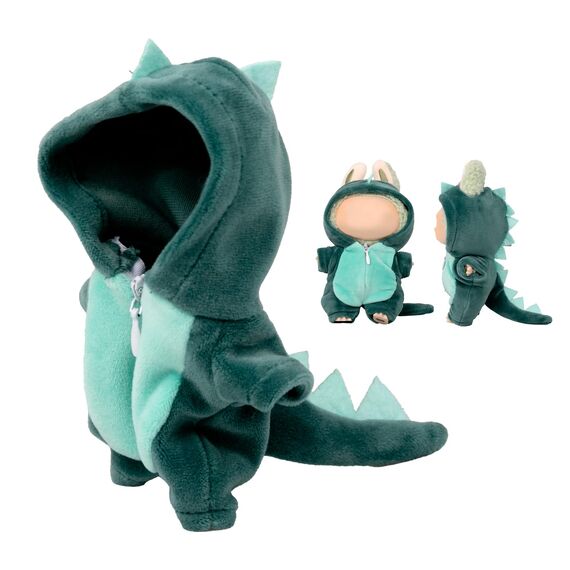 Grüner Dinosaurier-Overall Kleidung für Labubu, EIN-teilige 17cm Puppenbekleidung mit Kapuze, Geschenkidee für Jungen und Mädchen, 1 Stück (Ohne Labubu-Puppe)