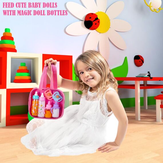 fash n kolor®️ Puppenzubehör Baby Puppen Zubehör für puppenwagen, 6 Set in Wickeltasche, Magische Flasche Puppenzubehör Furniture, Babypuppen, Spielzeug, Puppenpflegeset mit 2 Flaschen und 2 Pacifier