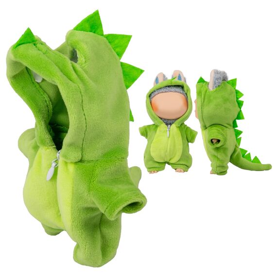 Verdelume Hellgrün Dinosaurier-Overall Kleidung für Labubu, EIN-teilige 17cm Puppenbekleidung mit Kapuze, Geschenkidee für Jungen und Mädchen, 1 Stück (Ohne Labubu-Puppe)