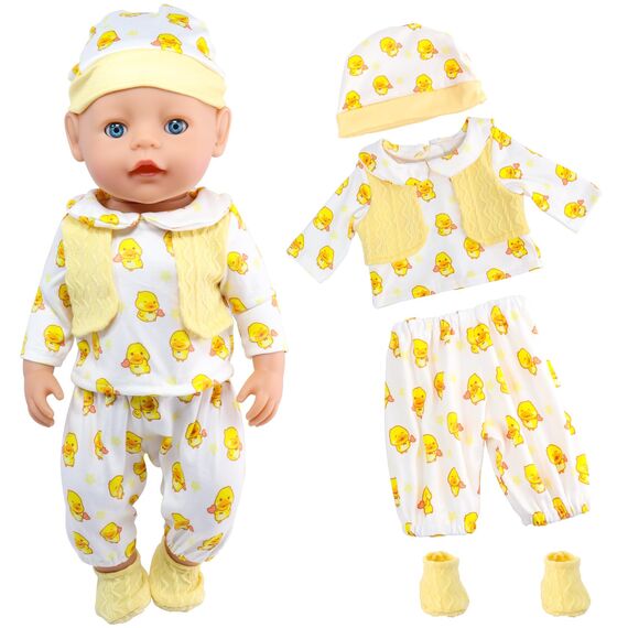Baby Puppen Puppenkleidung 35-43 cm 1 Oberteil + 1 Hose + 1 Hut + 1 Paar Socken, Kleine gelbe Ente Kleidung Outfits für Baby Kinder Mädchen Jungen (Puppe Nicht enthalten)