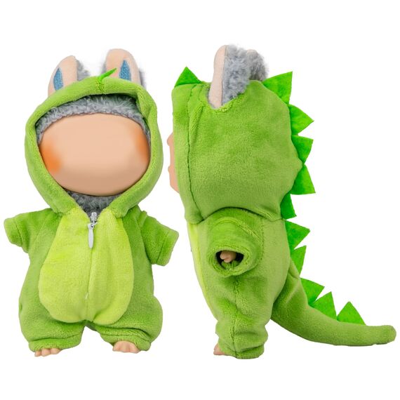 Verdelume Hellgrün Dinosaurier-Overall Kleidung für Labubu, EIN-teilige 17cm Puppenbekleidung mit Kapuze, Geschenkidee für Jungen und Mädchen, 1 Stück (Ohne Labubu-Puppe)