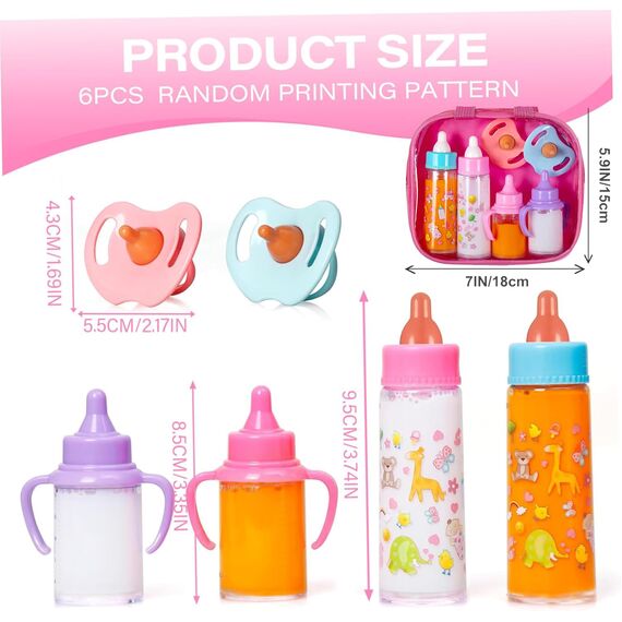 fash n kolor®️ Puppenzubehör Baby Puppen Zubehör für puppenwagen, 6 Set in Wickeltasche, Magische Flasche Puppenzubehör Furniture, Babypuppen, Spielzeug, Puppenpflegeset mit 2 Flaschen und 2 Pacifier