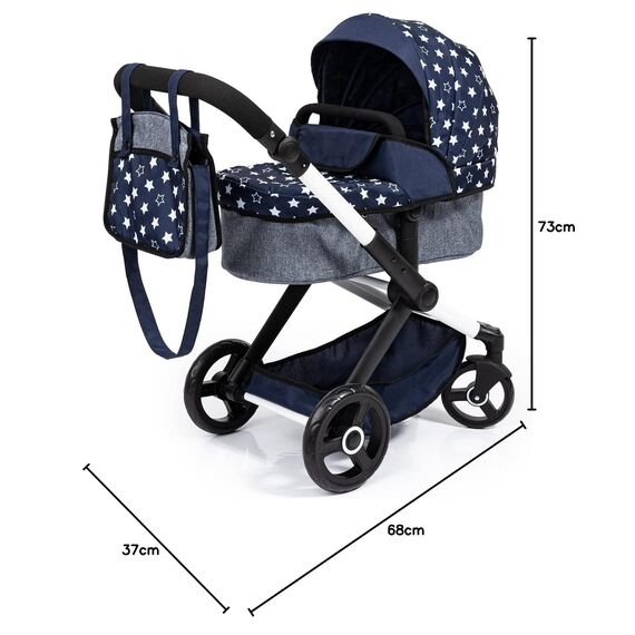 Bayer Design 17015AA Puppenwagen Xeo mit Tasche, höhenverstellbarer Griff, Schwenkschieber, wandelbar als Puppenjogger, bewegliche Vorderräder, integrierter Korb, Blau, Weiß