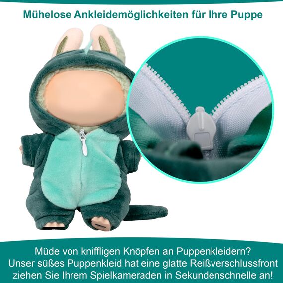Grüner Dinosaurier-Overall Kleidung für Labubu, EIN-teilige 17cm Puppenbekleidung mit Kapuze, Geschenkidee für Jungen und Mädchen, 1 Stück (Ohne Labubu-Puppe)