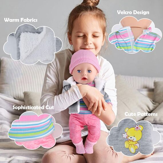 Baby Puppen Puppenkleidung 35-43 cm 1 graue Jacke + 1 gestreifter Pullover + 1 Strickmütze + 1 Paar Socken, Kleidung Outfits für Baby Kinder Mädchen Jungen (Puppe Nicht enthalten)