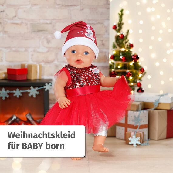 Baby Born Weihnachtsoutfit 43cm, Weihnachtskleid mit Pailletten, Leggings und Weihnachtsmütze für 43cm Puppen, 836118 Zapf Creation