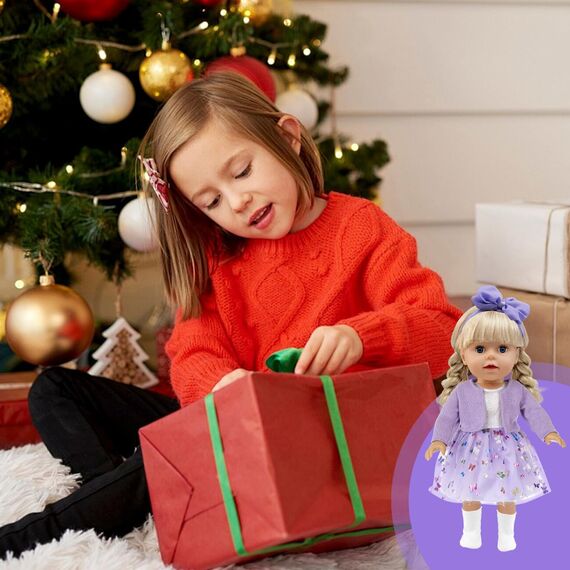 Xerteam 4 teilig Lila Puppenkleidung für 36-43cm Mädchen Puppe, Puppezubehör Mantel Puppen Kleider Socken Schmetterling Stirnband für 16-18 Zoll Baby Puppe, Puppensachen Set Geschenk Kinder