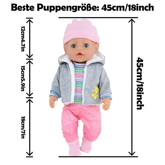 Baby Puppen Puppenkleidung 35-43 cm 1 graue Jacke + 1 gestreifter Pullover + 1 Strickmütze + 1 Paar Socken, Kleidung Outfits für Baby Kinder Mädchen Jungen (Puppe Nicht enthalten)
