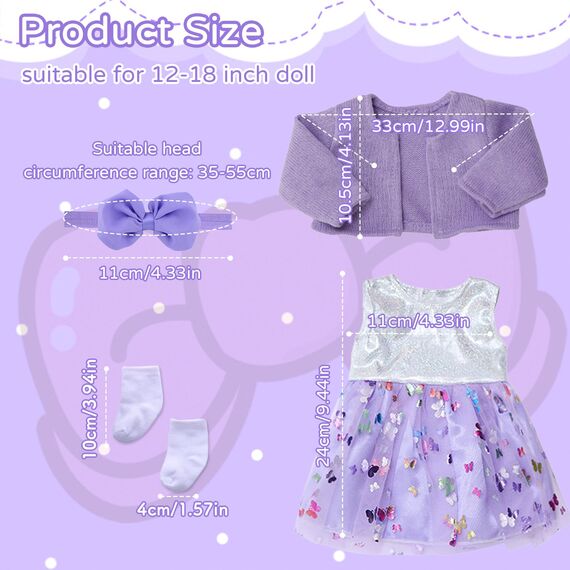Xerteam 4 teilig Lila Puppenkleidung für 36-43cm Mädchen Puppe, Puppezubehör Mantel Puppen Kleider Socken Schmetterling Stirnband für 16-18 Zoll Baby Puppe, Puppensachen Set Geschenk Kinder