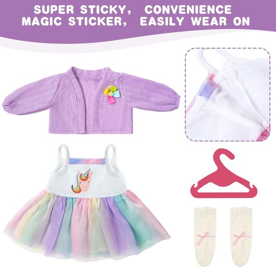 Aolso Puppenkleidungsset, 14–18 Zoll Puppenkleidung, Puppenzubehör passend für 35–45 cm, Babypuppenkleidung mit 1 Kleiderbügel, Geburtstagsgeschenk für Mädchen (Einhornkleid)