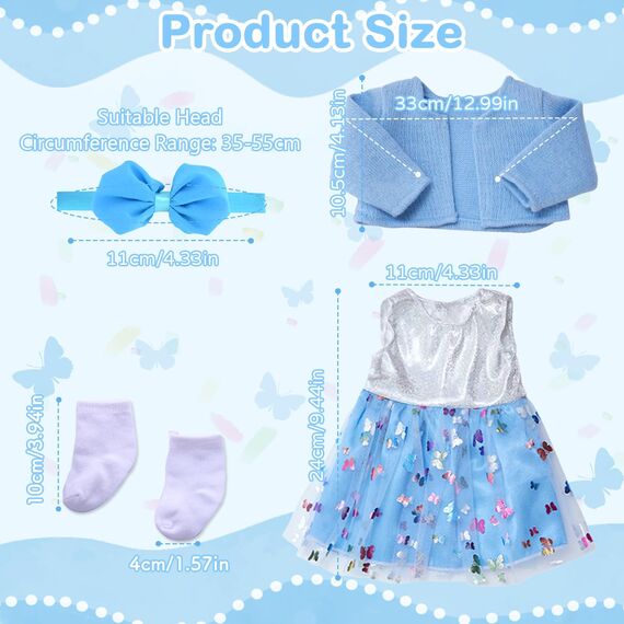 Babypuppenkleidung für 14-18 Zoll Babypuppen, 4 Stück Süßes Puppenkleidung 35-43cm Outfit mit Blauem Mantel + Schleife Gazerock + Schmetterlingsschleife Stirnband + Socken, Neue Puppenkleidung Zubehör
