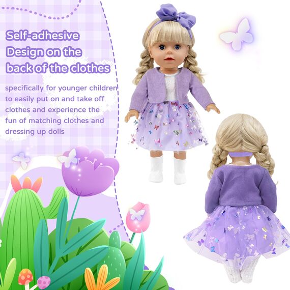 Xerteam 4 teilig Lila Puppenkleidung für 36-43cm Mädchen Puppe, Puppezubehör Mantel Puppen Kleider Socken Schmetterling Stirnband für 16-18 Zoll Baby Puppe, Puppensachen Set Geschenk Kinder